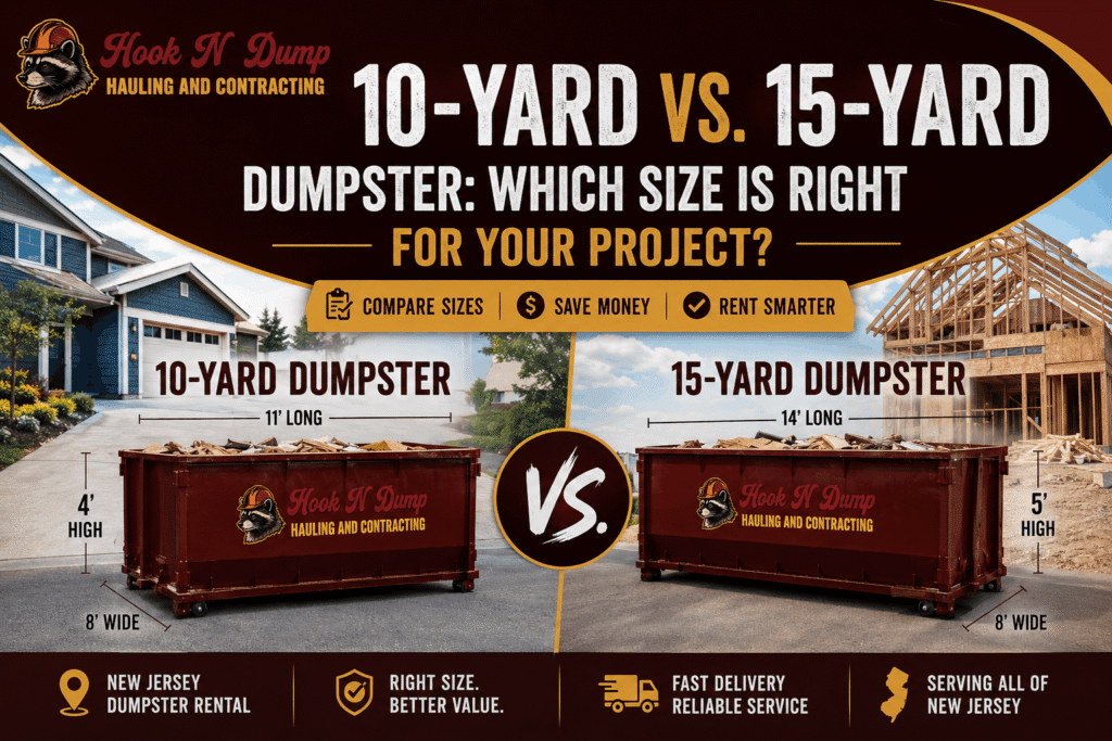 10-yard and 15-yard Hook N Dump dumpsters compared side by side for New Jersey projects