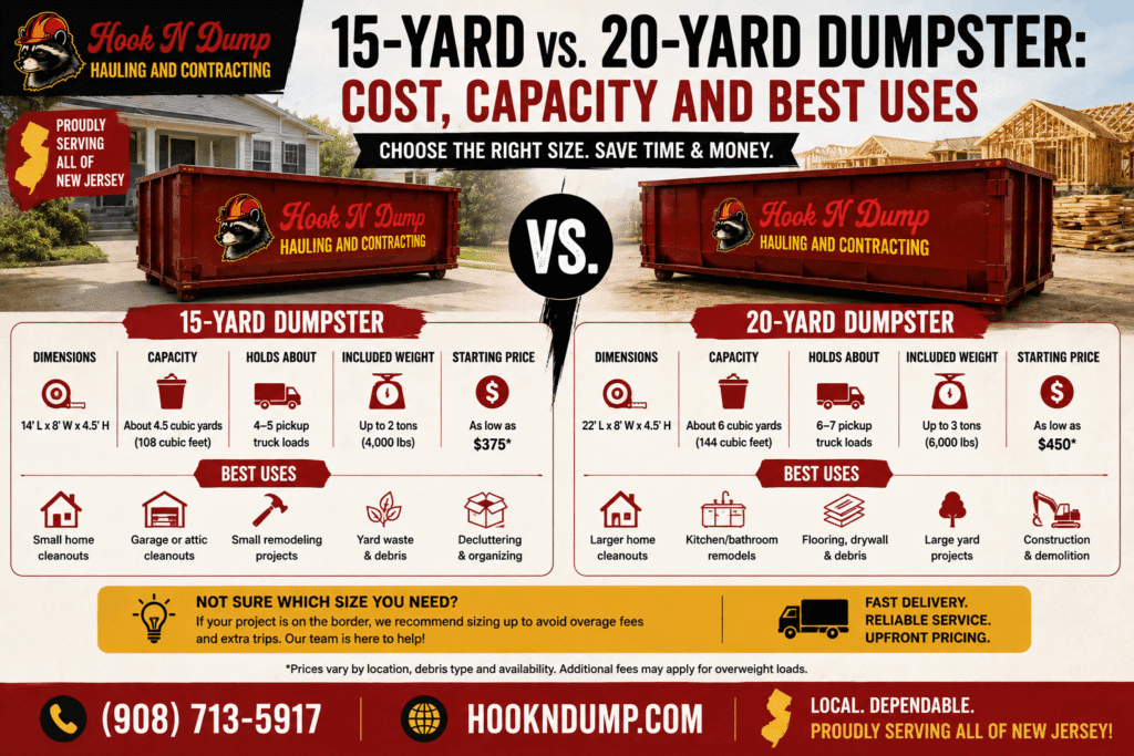 Hook N Dump 15-yard and 20-yard dumpsters compared for New Jersey cleanup and renovation projects