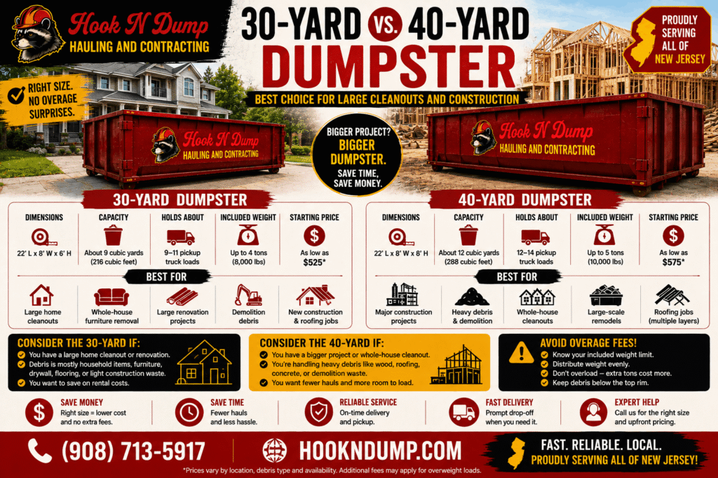 Hook N Dump 30-yard and 40-yard dumpsters compared for large cleanouts, renovations, demolition, and construction projects in New Jersey