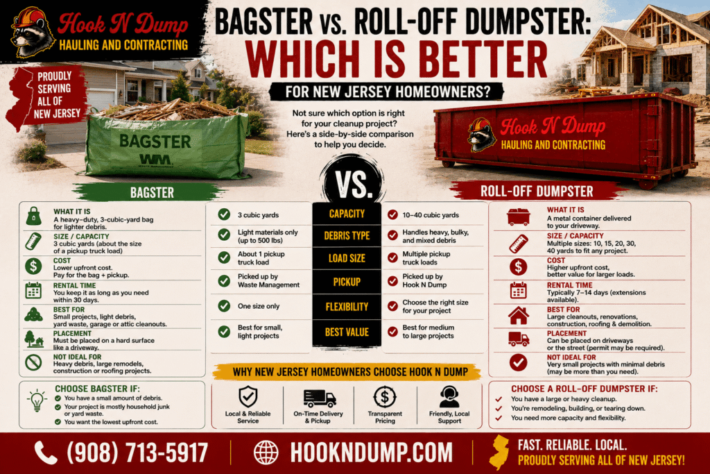 Bagster bag and Hook N Dump roll-off dumpster compared for New Jersey home cleanup projects