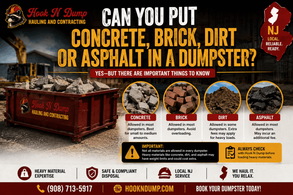 Concrete, brick, dirt, and asphalt shown with a Hook N Dump roll-off dumpster in New Jersey