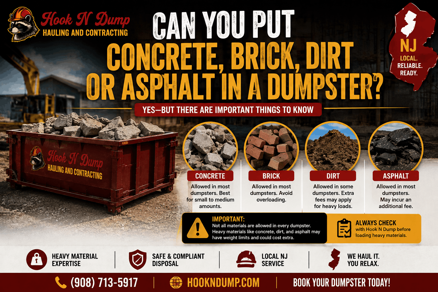 Concrete, brick, dirt, and asphalt shown with a Hook N Dump roll-off dumpster in New Jersey