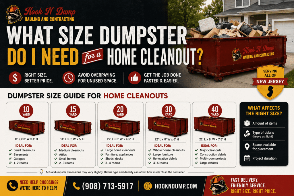 Hook N Dump home cleanout dumpster size guide comparing 10, 15, 20, 30, and 40-yard containers