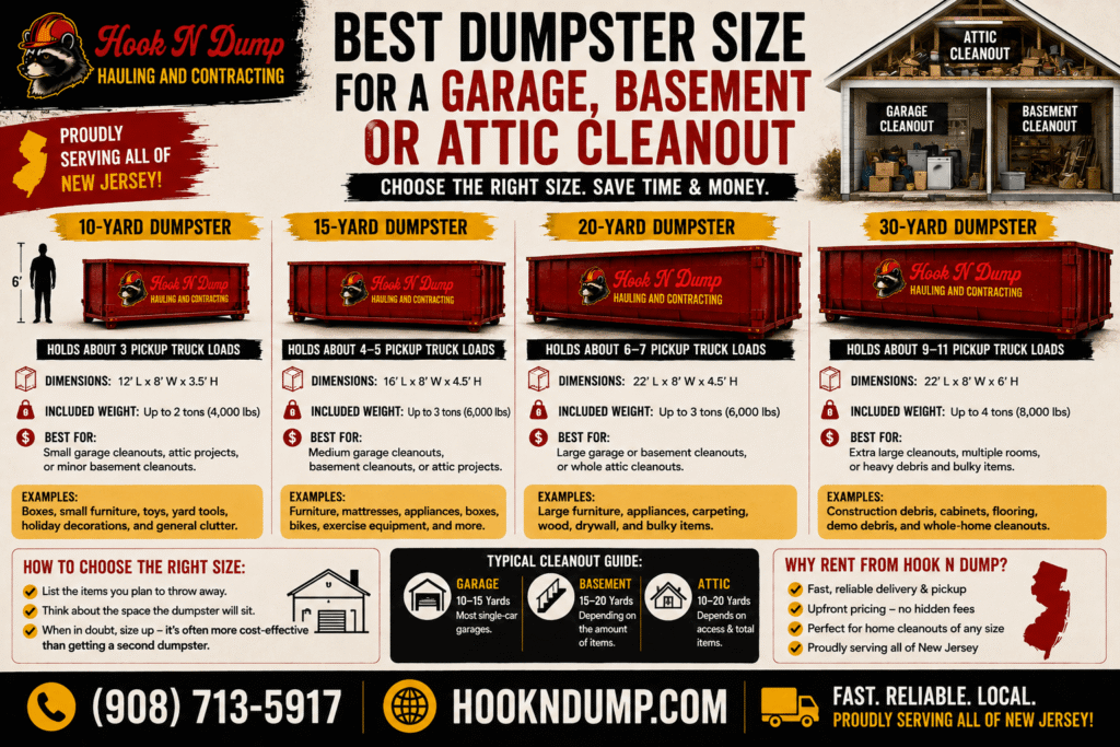 Hook N Dump dumpster size guide for garage, basement, and attic cleanouts in New Jersey