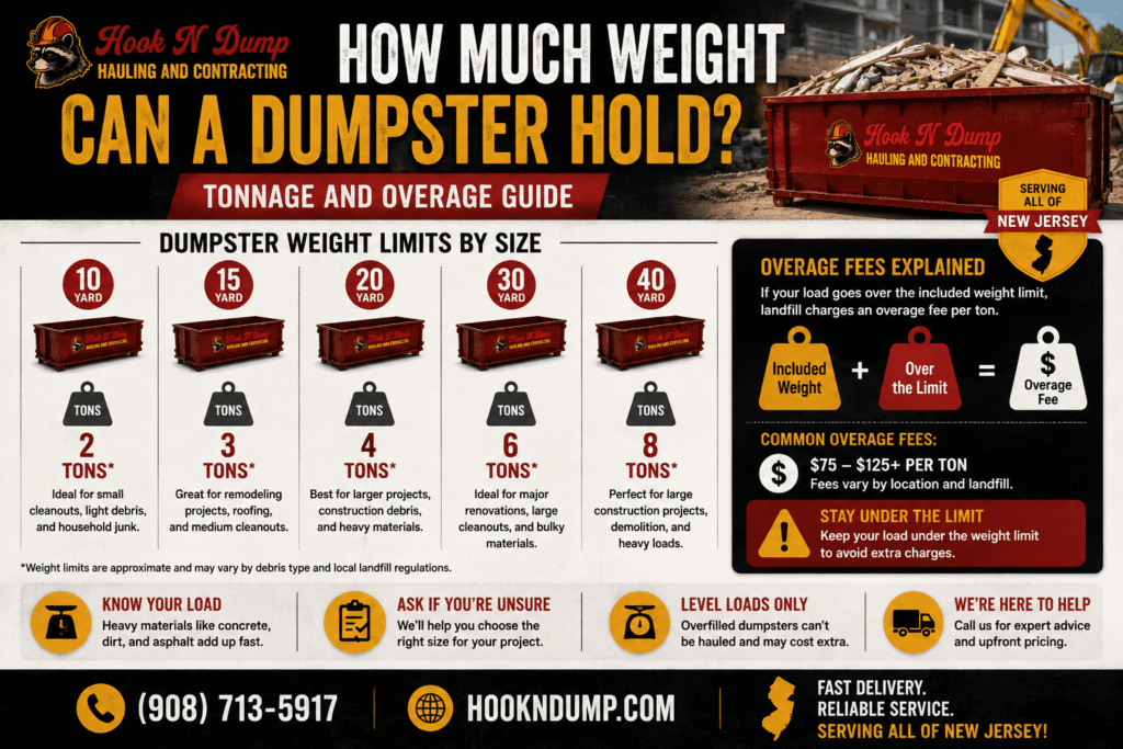 Hook N Dump dumpster weight-limit guide explaining included tonnage and possible overage charges