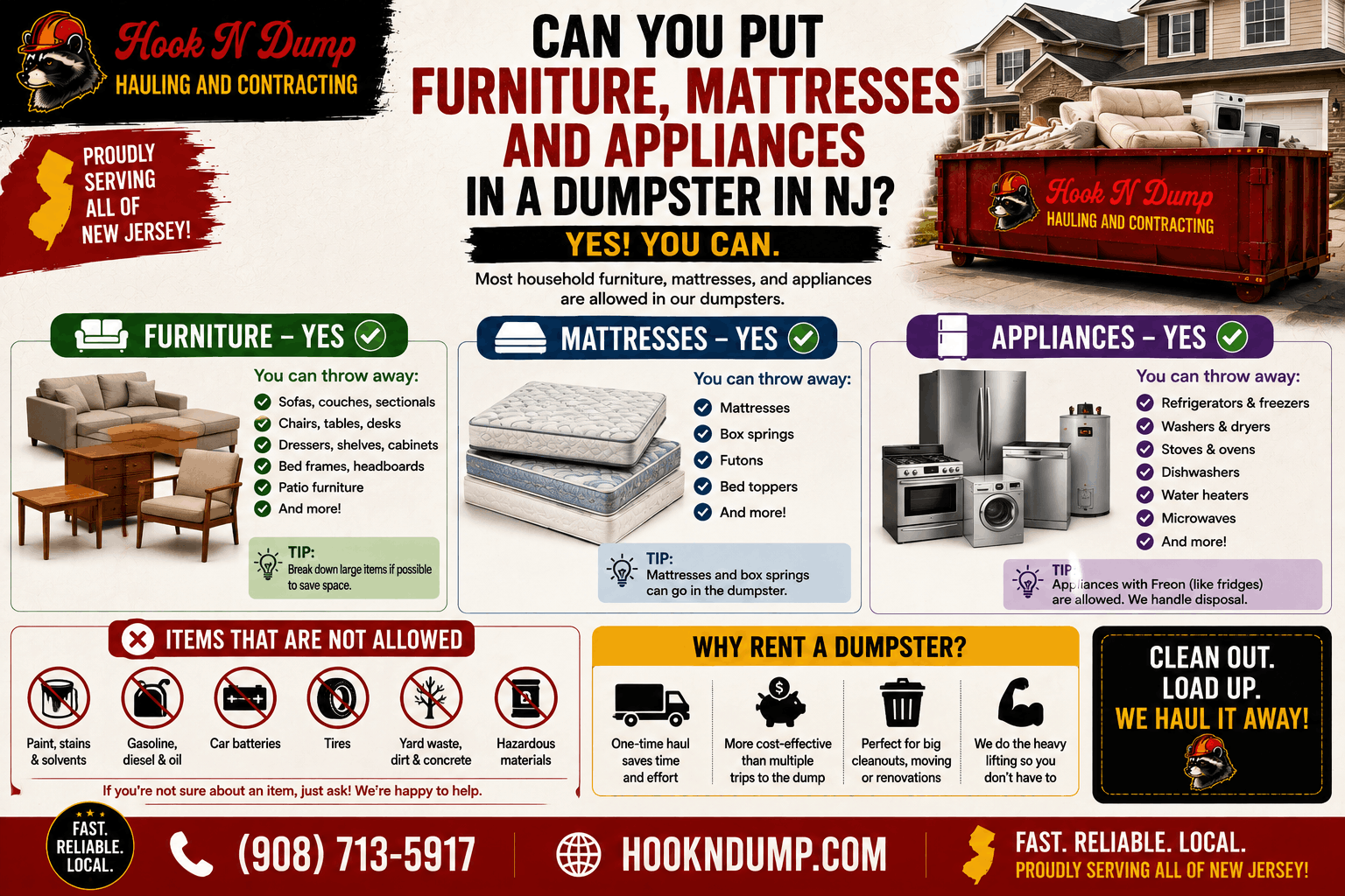 Hook N Dump guide to disposing of furniture, mattresses, and household appliances in a New Jersey dumpster