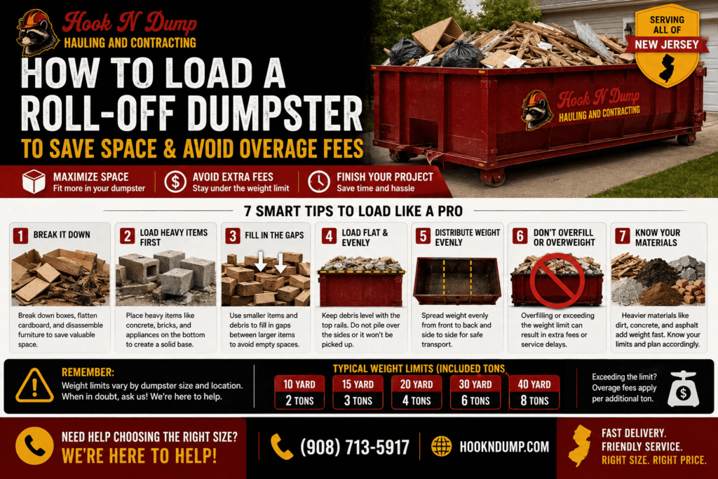 Hook N Dump guide showing how to load a roll-off dumpster efficiently and avoid overage fees