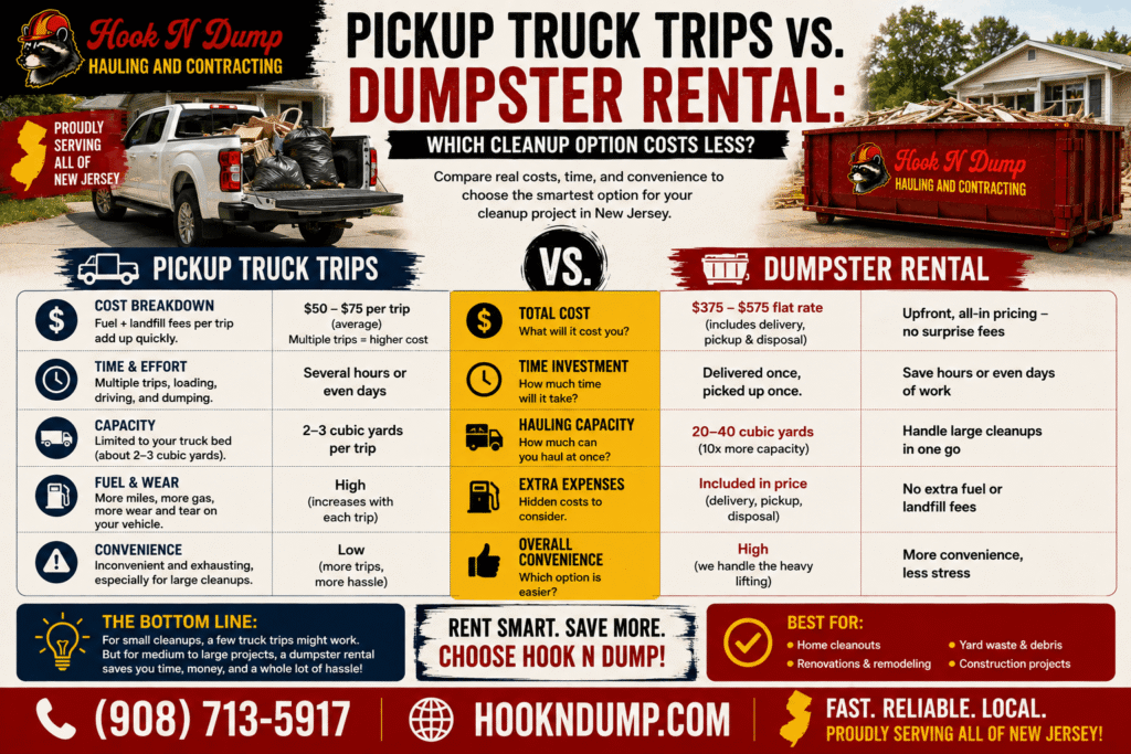 Pickup truck disposal trips and Hook N Dump dumpster rental compared for New Jersey cleanup projects