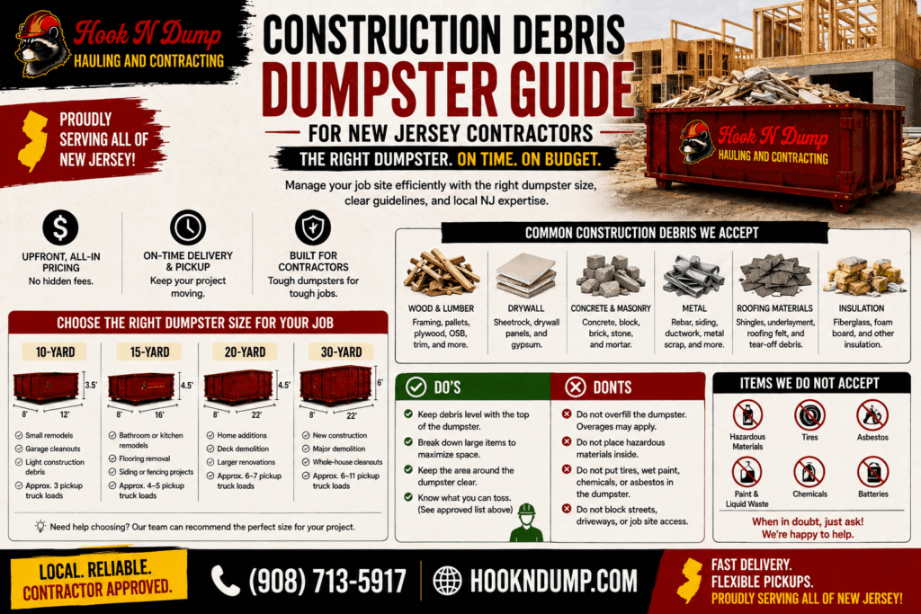 Hook N Dump construction debris dumpster guide for contractors and job sites in New Jersey
