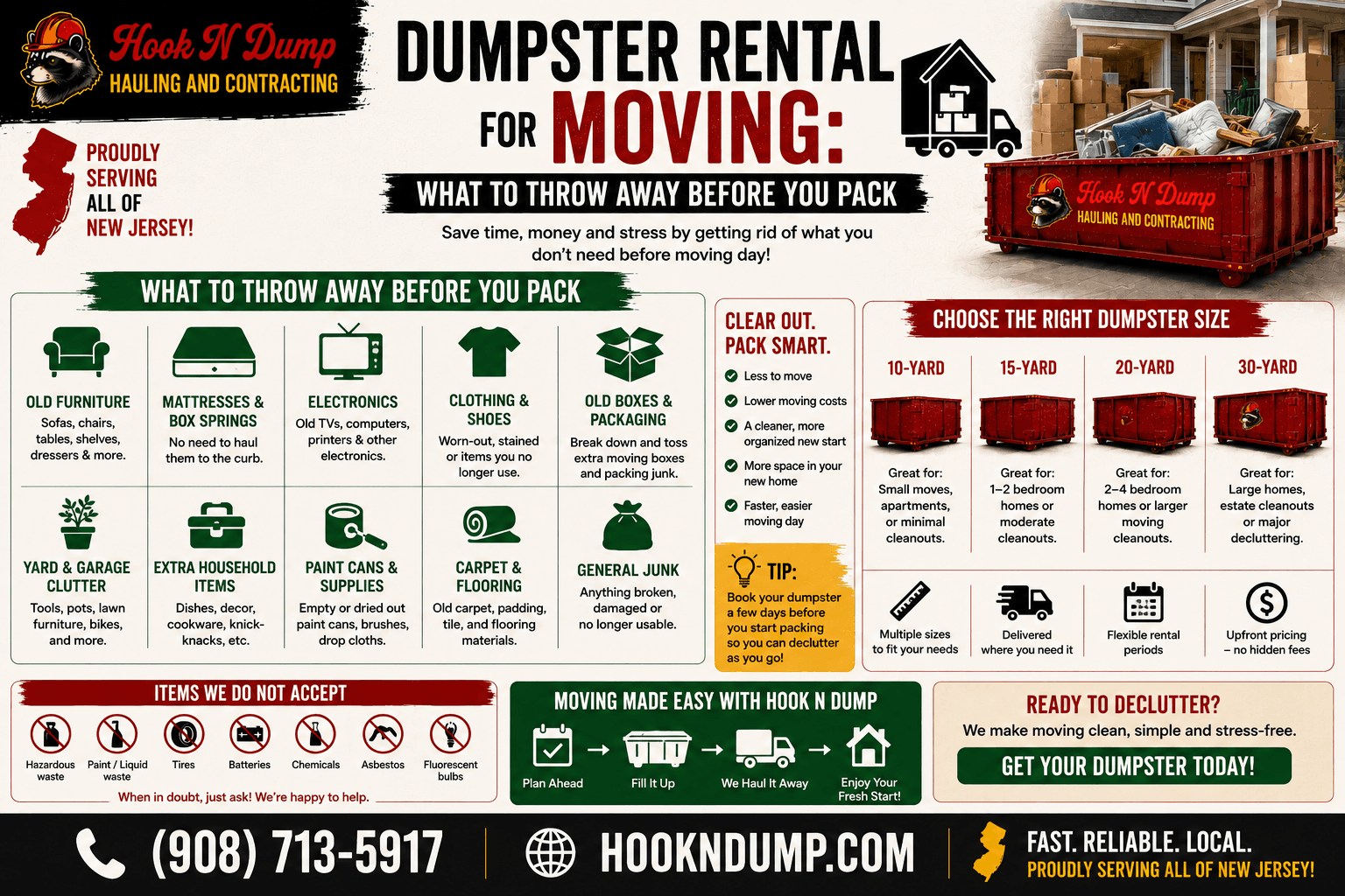 Hook N Dump dumpster rental guide showing what to remove before packing for a move in New Jersey