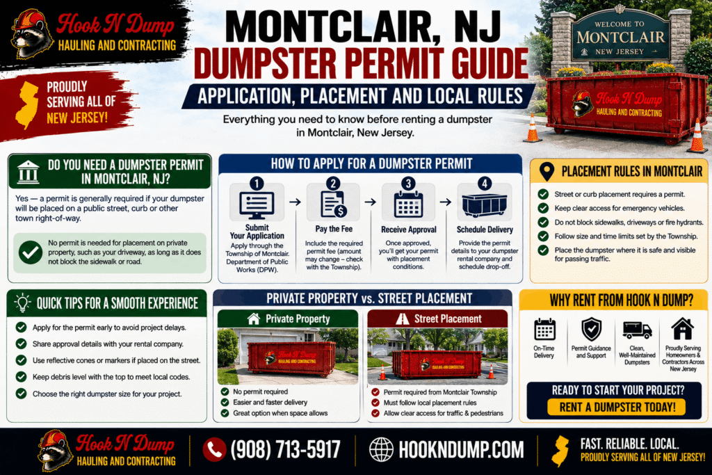 Hook N Dump Montclair NJ dumpster permit guide covering applications, street placement, and private-property rules