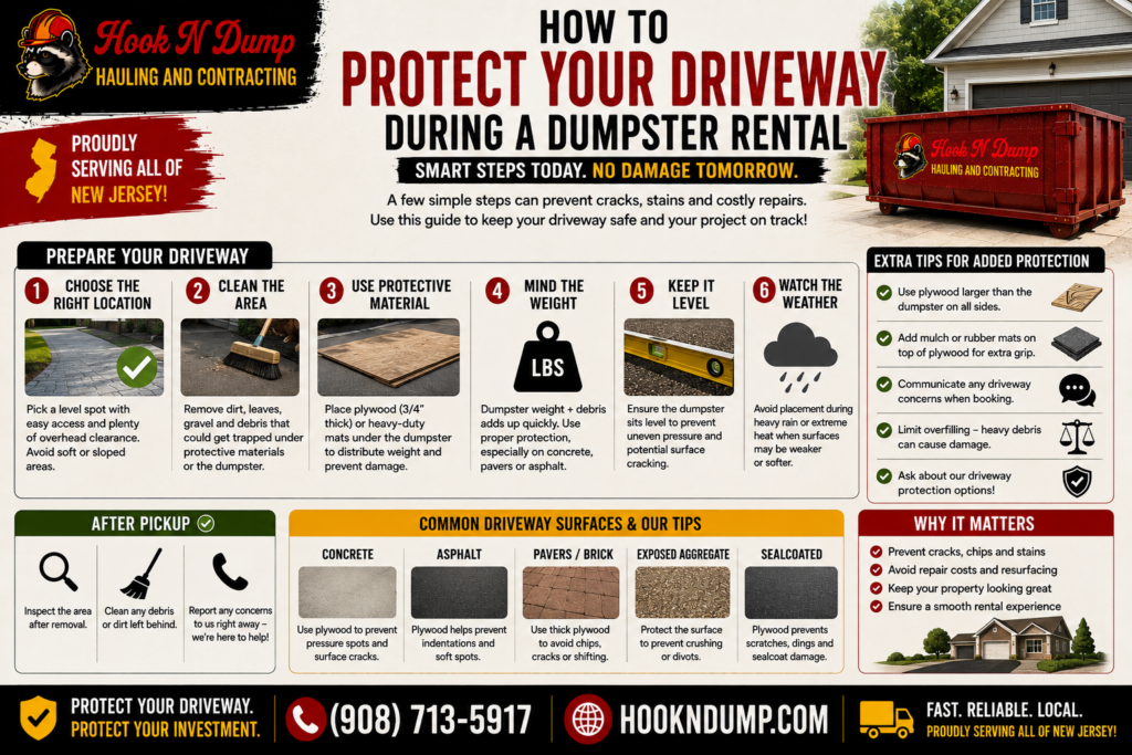 Hook N Dump dumpster placed on protective plywood to help prevent driveway damage during a rental in New Jersey