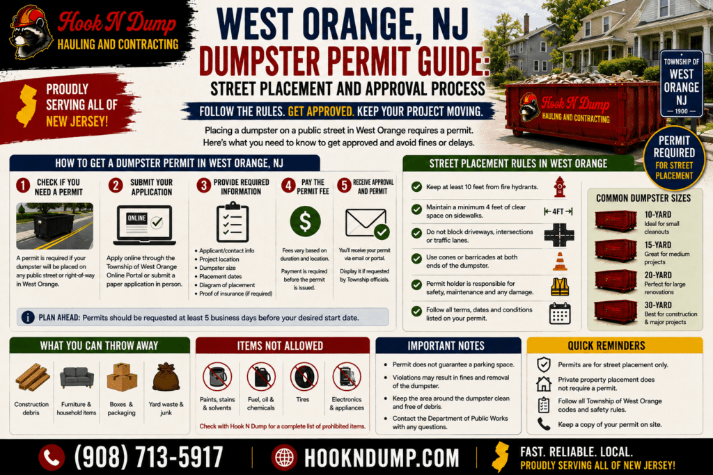 Hook N Dump West Orange NJ dumpster permit guide covering street placement and the local approval process